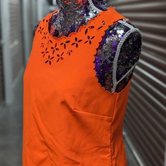 J. Crew Size 6 Neon Orange Knee-Length Sheath Dress with Floral Cut Outs on Hems - Picture 4 of 12